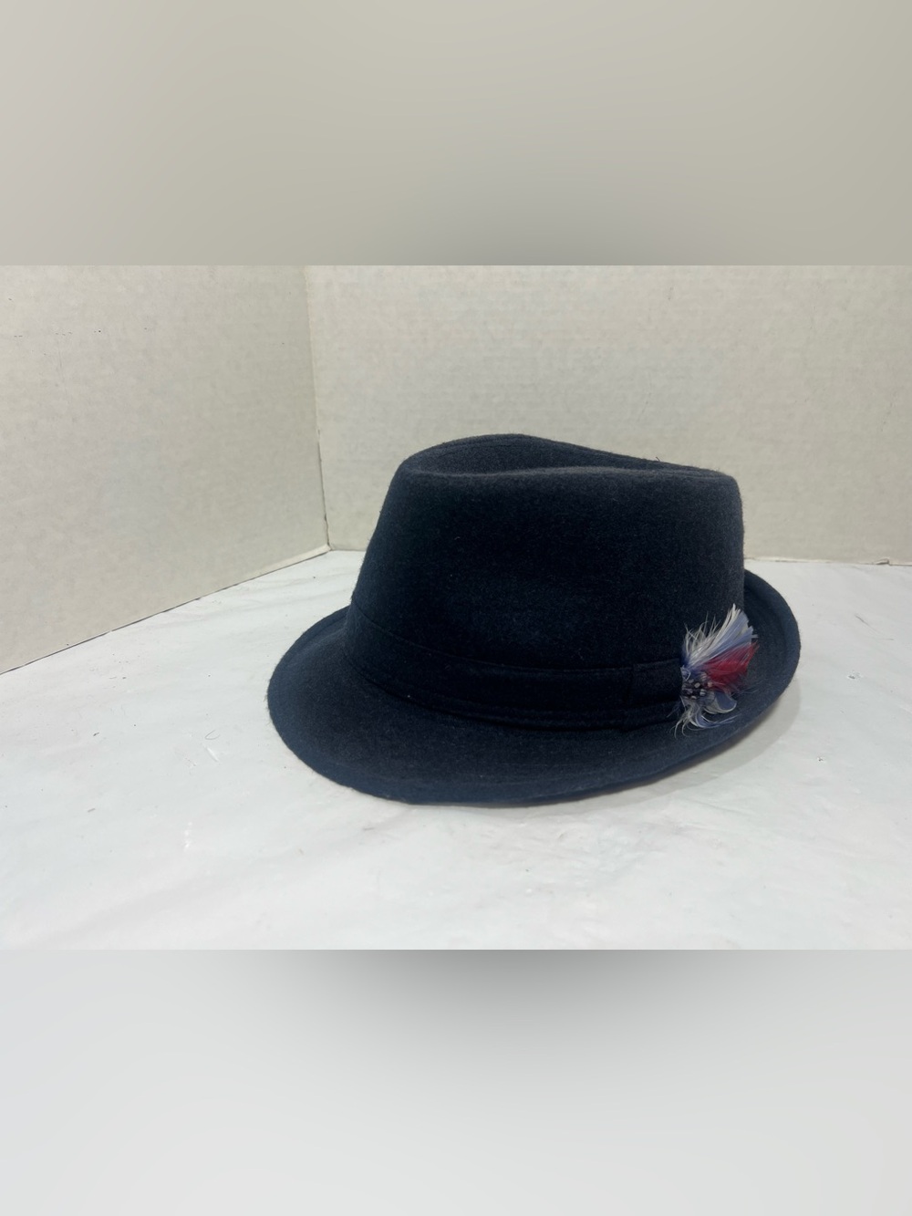 Stylish black fedora hat featuring a decorative feather.